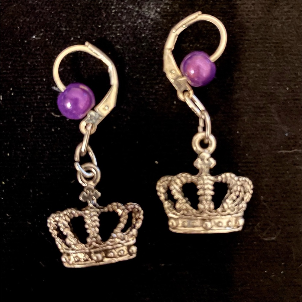💎4 for $20💎 Handmade Silvertone Crown Earrings w/ Purple Glass Beads